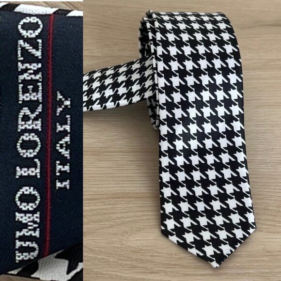 Umo Lorenzo Other - EUC Umo Lorenzo Italy Black & White Houndstooth Checked Skinny Necktie 57.75"x2"